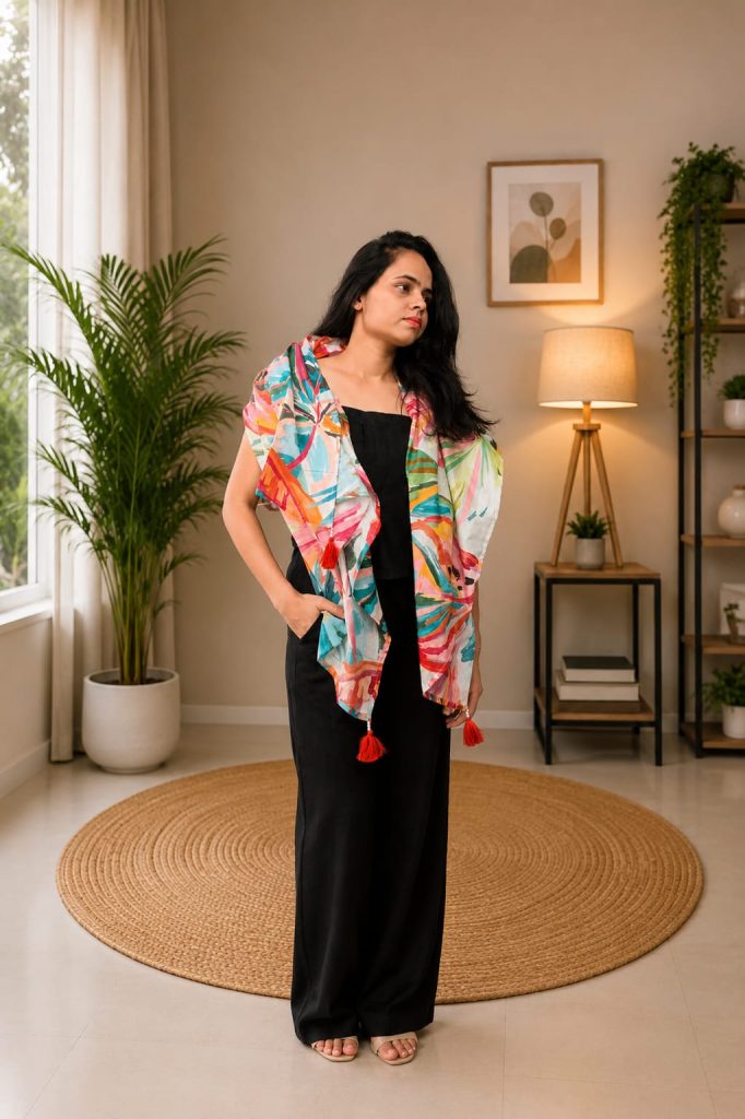 Multicolor Abstract Print Modal Scarf with Tassel Details