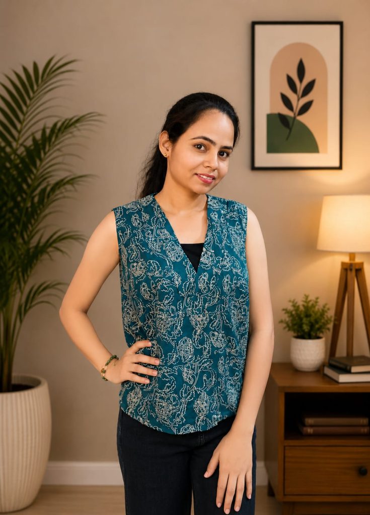Teal Blue Floral Jaal Print Sleeveless V-Neck Top