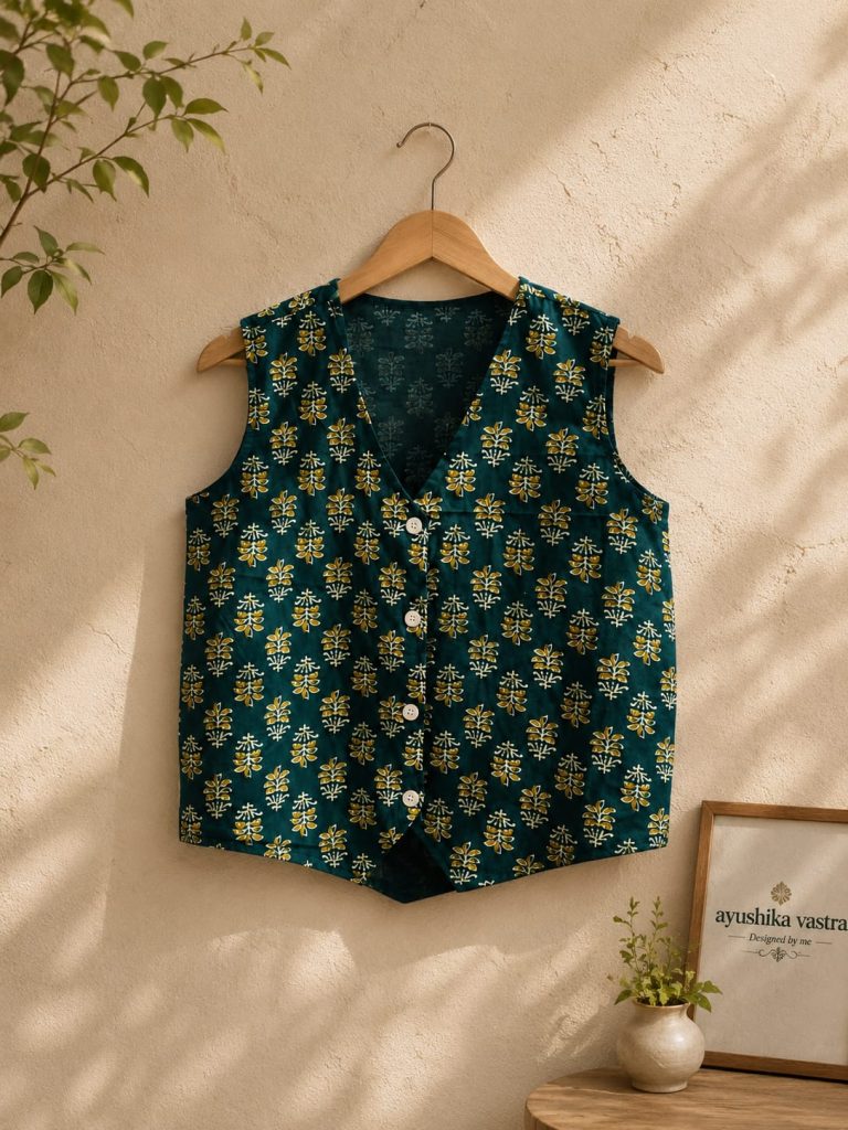 Emerald Green Cotton Block Print Sleeveless Button-Down Vest Jacket