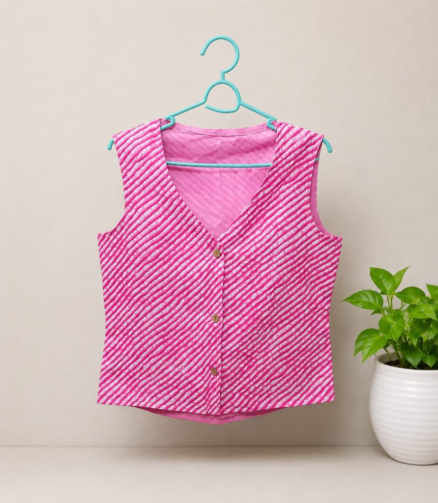 Fuchsia Pink Leheriya Print Cotton Sleeveless Vest Jacket