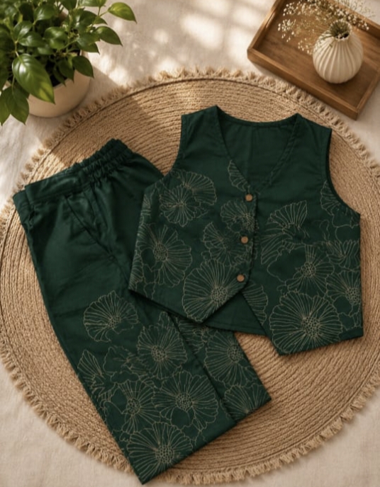 Forest Green Floral Line-Art Vest and Trousers Co-ord Set